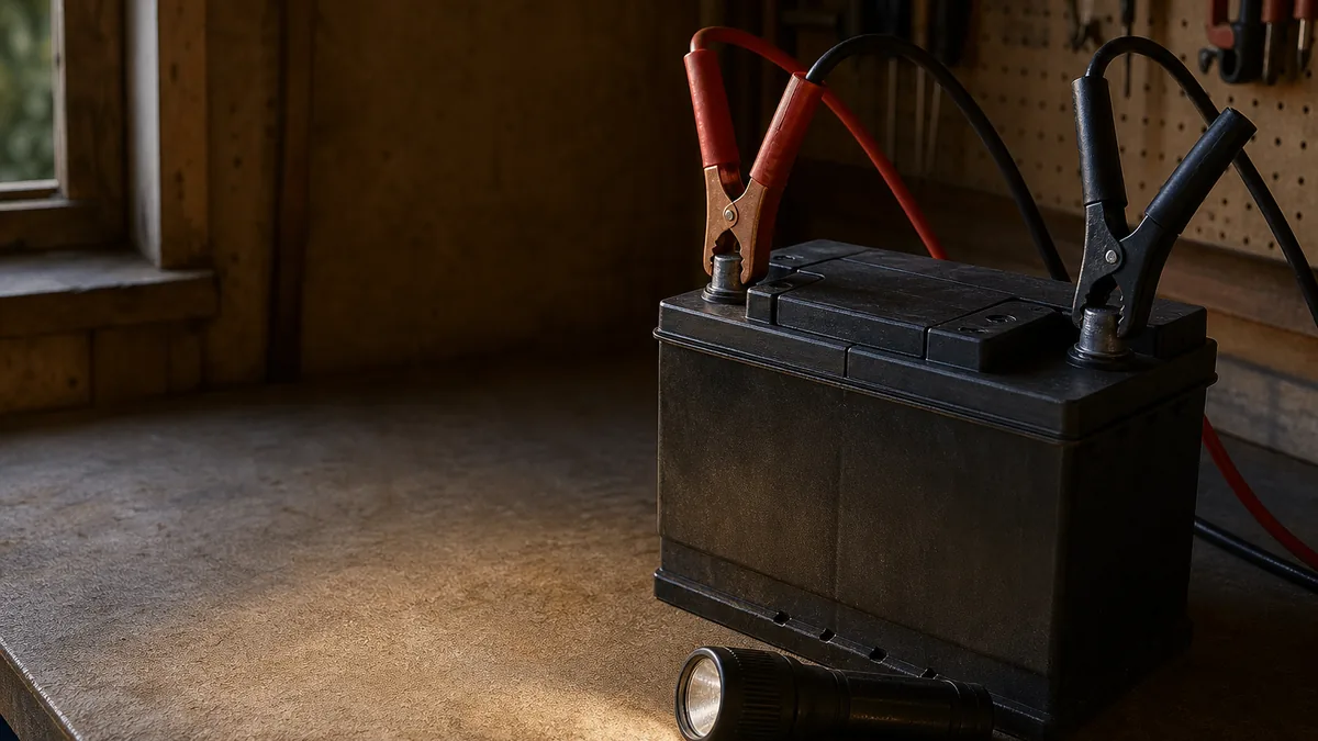 A car battery sitting on a garage workbench with red and black jumper cables clamped to its terminals, a flashlight beside it, dim evening light