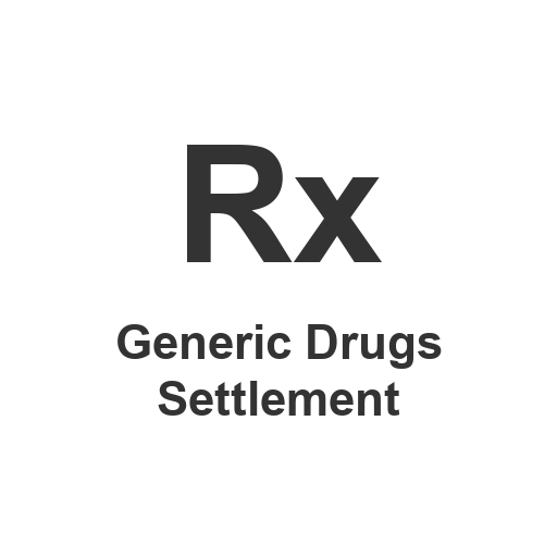Typeset mark reading Rx Generic Drugs Settlement on a white card, for the Generic Drug Price-Fixing Settlement with Sandoz, Sun and Taro.