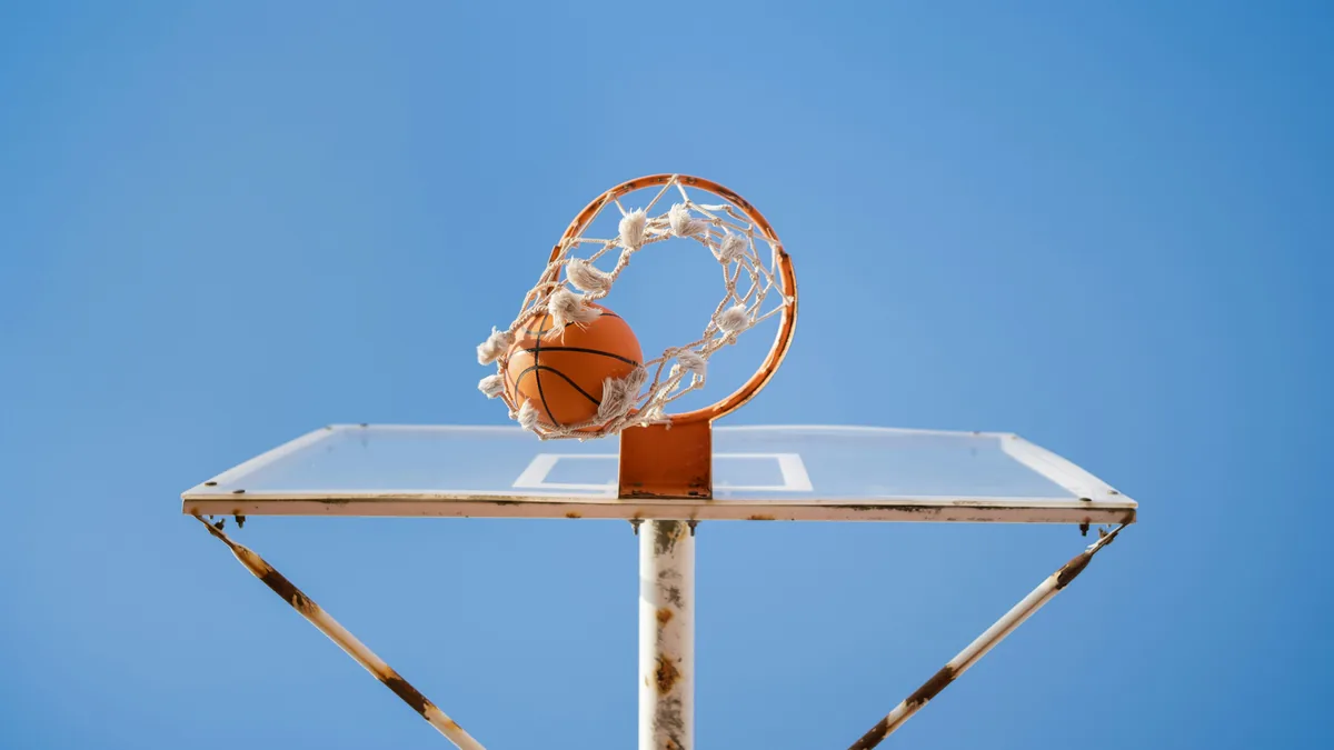 Basketball dropping through a hoop against a blue sky – NBA Top Shot class action